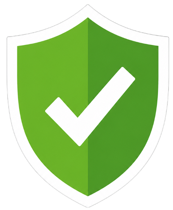 Green shield with a white checkmark icon
