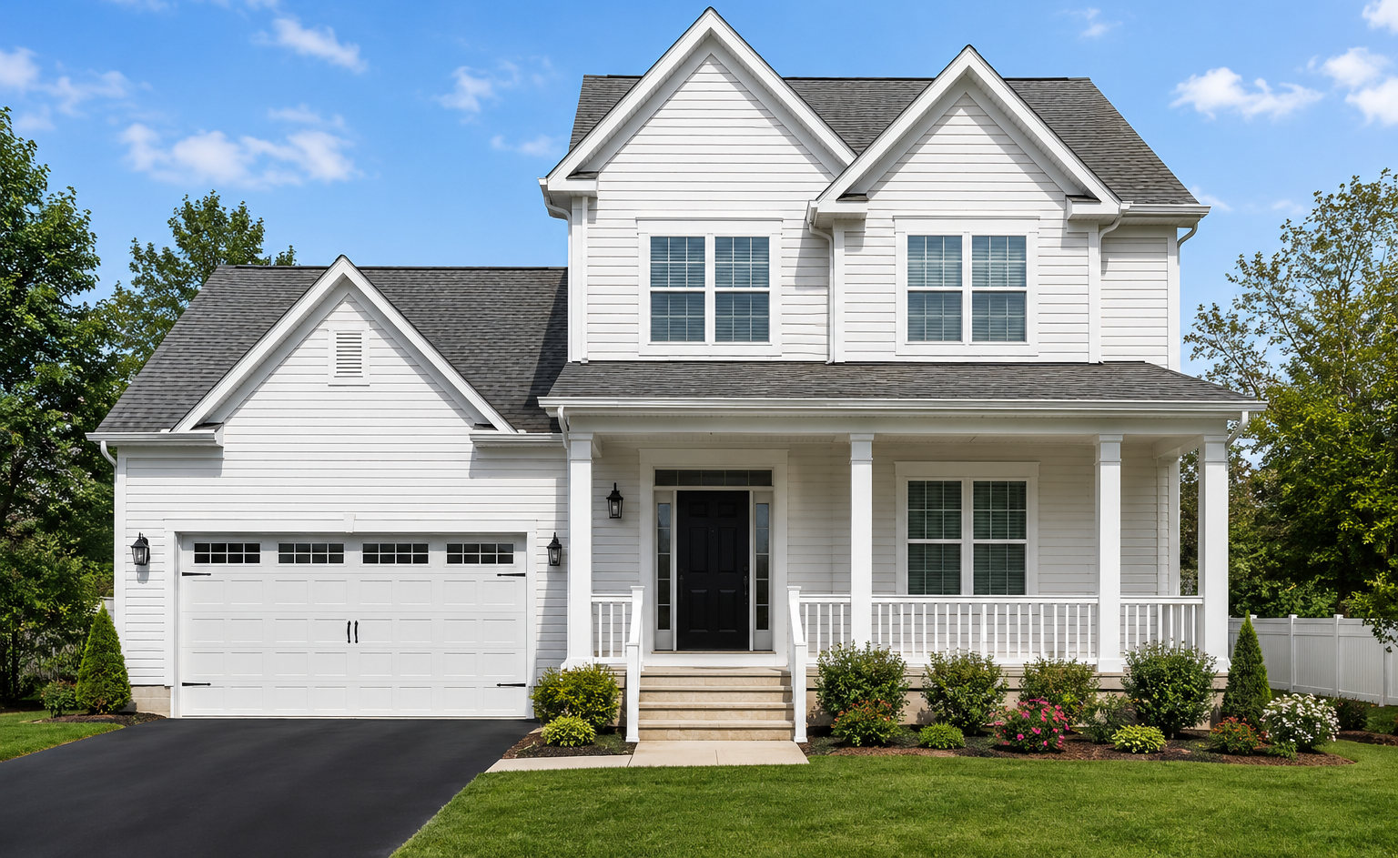Two-story white house with attached garage, black roof, and a front porch under a blue sky