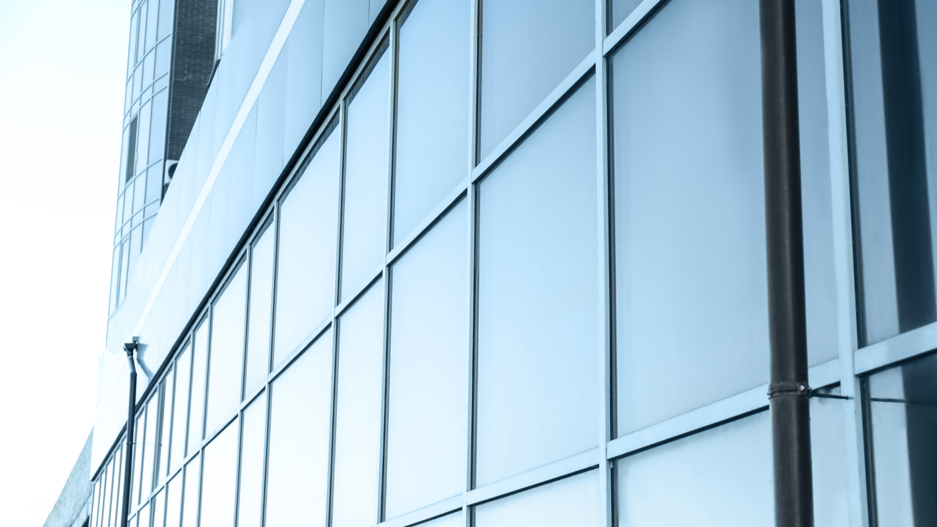 Modern glass office building facade with reflective blue-tinted windows and steel framing