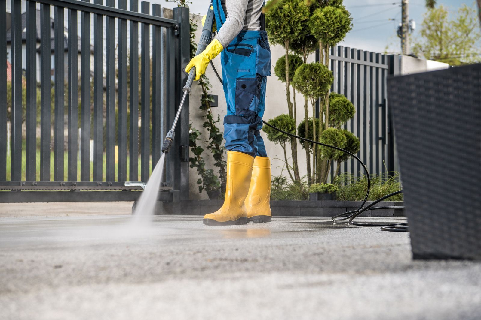 Worker pressure-washing a driveway, wearing yellow gloves and boots beside a metal fence