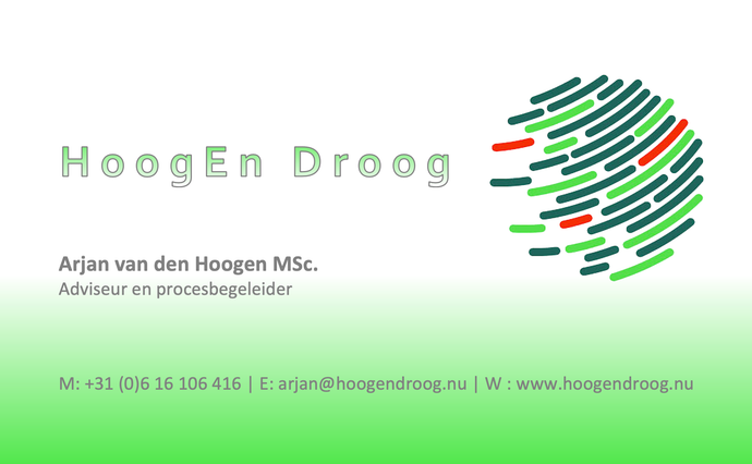Business card for HoogEn Droog, with green logo and contact info: Arjan van den Hoogen.