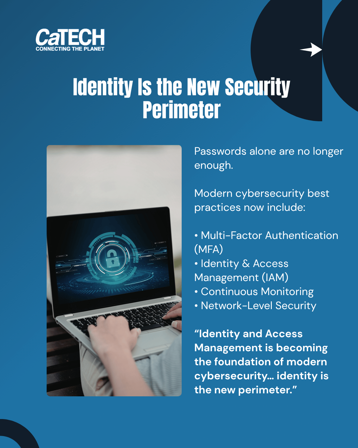Cybersecurity poster with laptop, padlock icon, and text: “Identity is the New Security Perimeter”