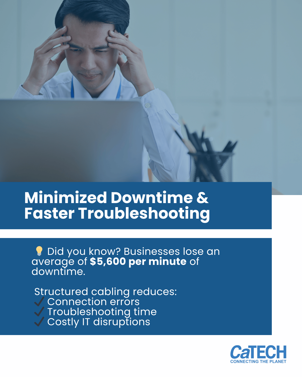 A professional looking at a laptop with hands on their head, overlayed with text about structured cabling benefits.