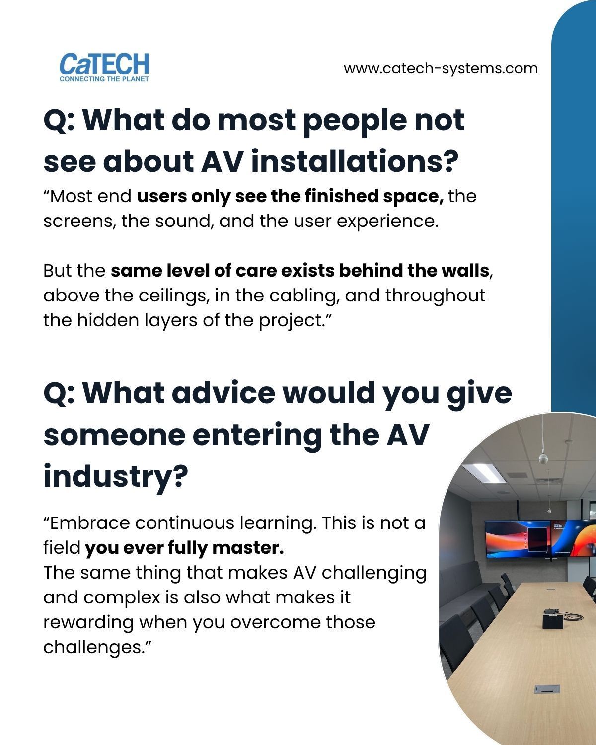 Q&A poster with blue text, a circular conference room photo, and two interview questions