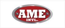 AME Intl. logo in an oval design; silver border, red background, and white text.