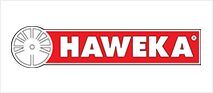 HAWEKA logo in white letters on a red rectangle with a wheel design to the left.