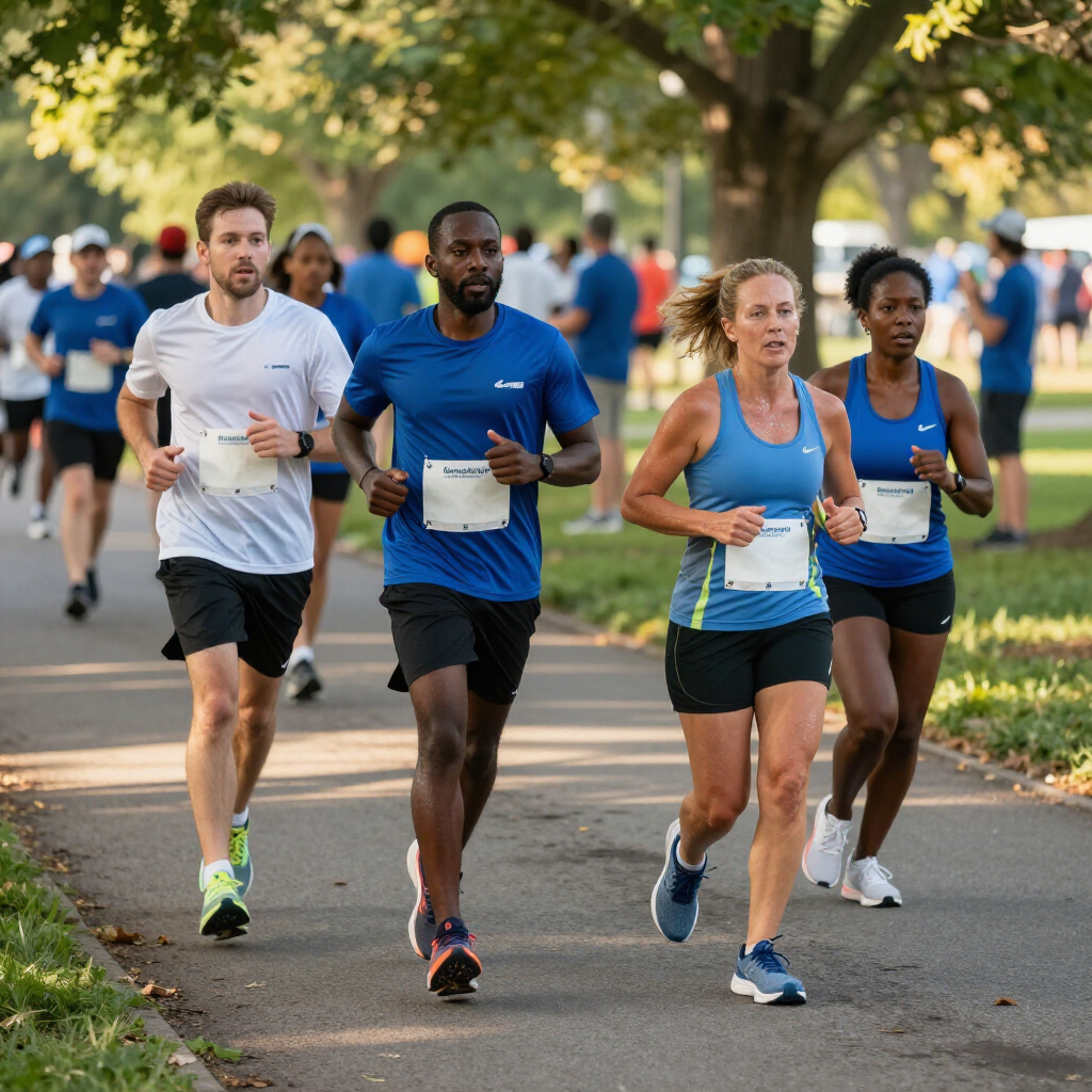 Four runners wearing race bibs jog along a paved path lined with trees in an outdoor park setting.