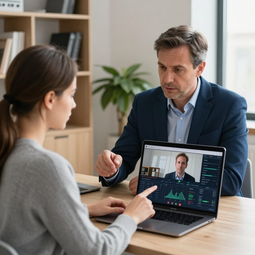 A professional sitting at a desk discusses a video call displayed on a laptop screen with another person in an office.