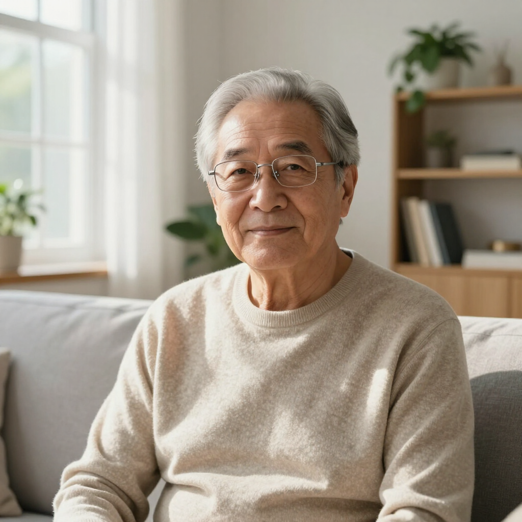 A person wearing glasses and a beige sweater sitting on a couch in a bright, indoor living space.