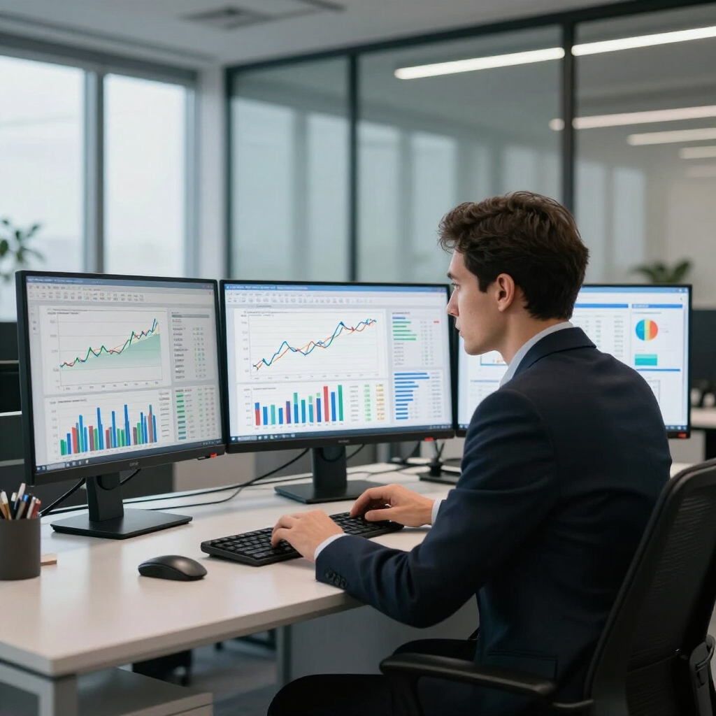 A person in a suit working at a desk with three computer monitors displaying financial charts in a modern office.