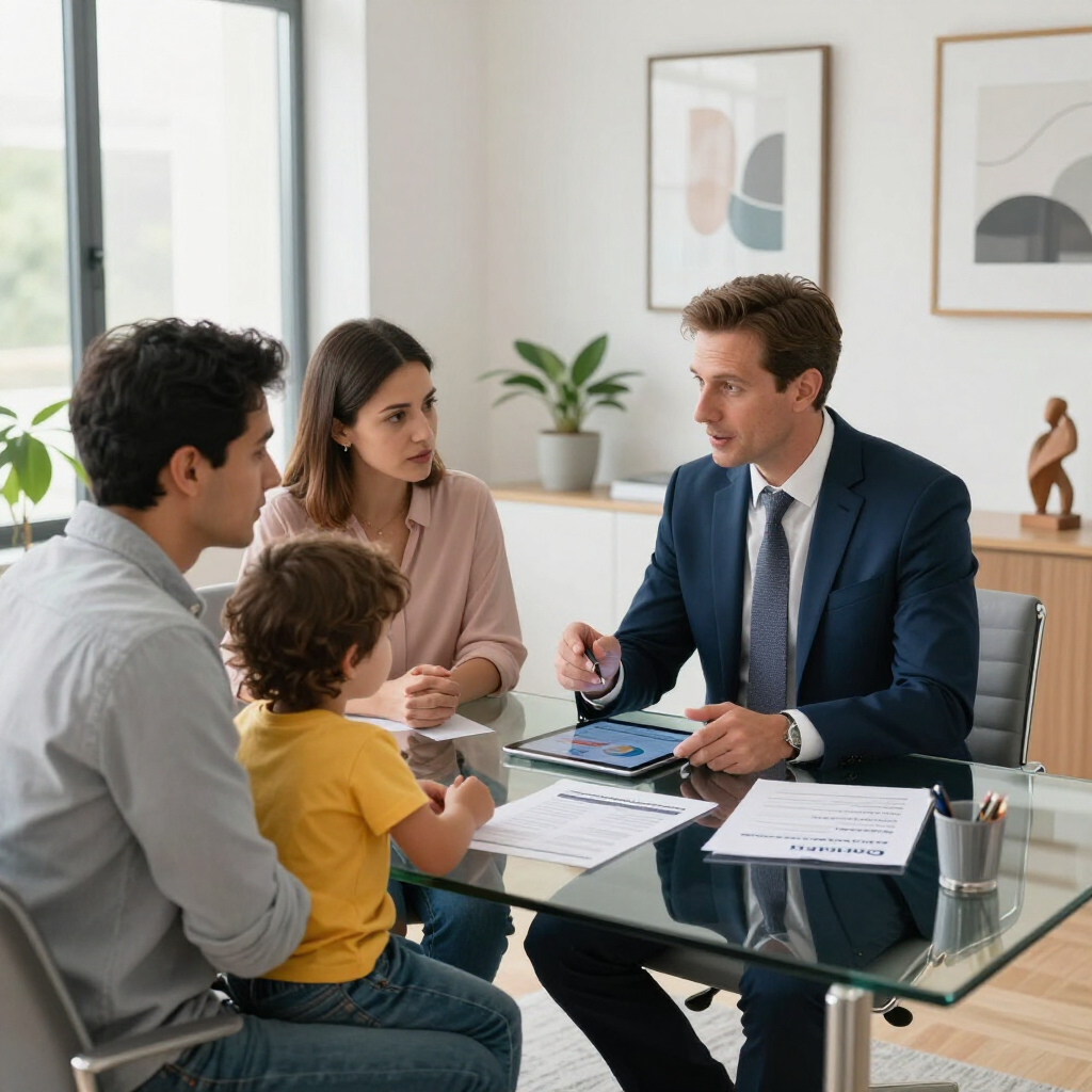 A family sits at a glass table with a professional in a suit, reviewing documents and a digital tablet in an office.