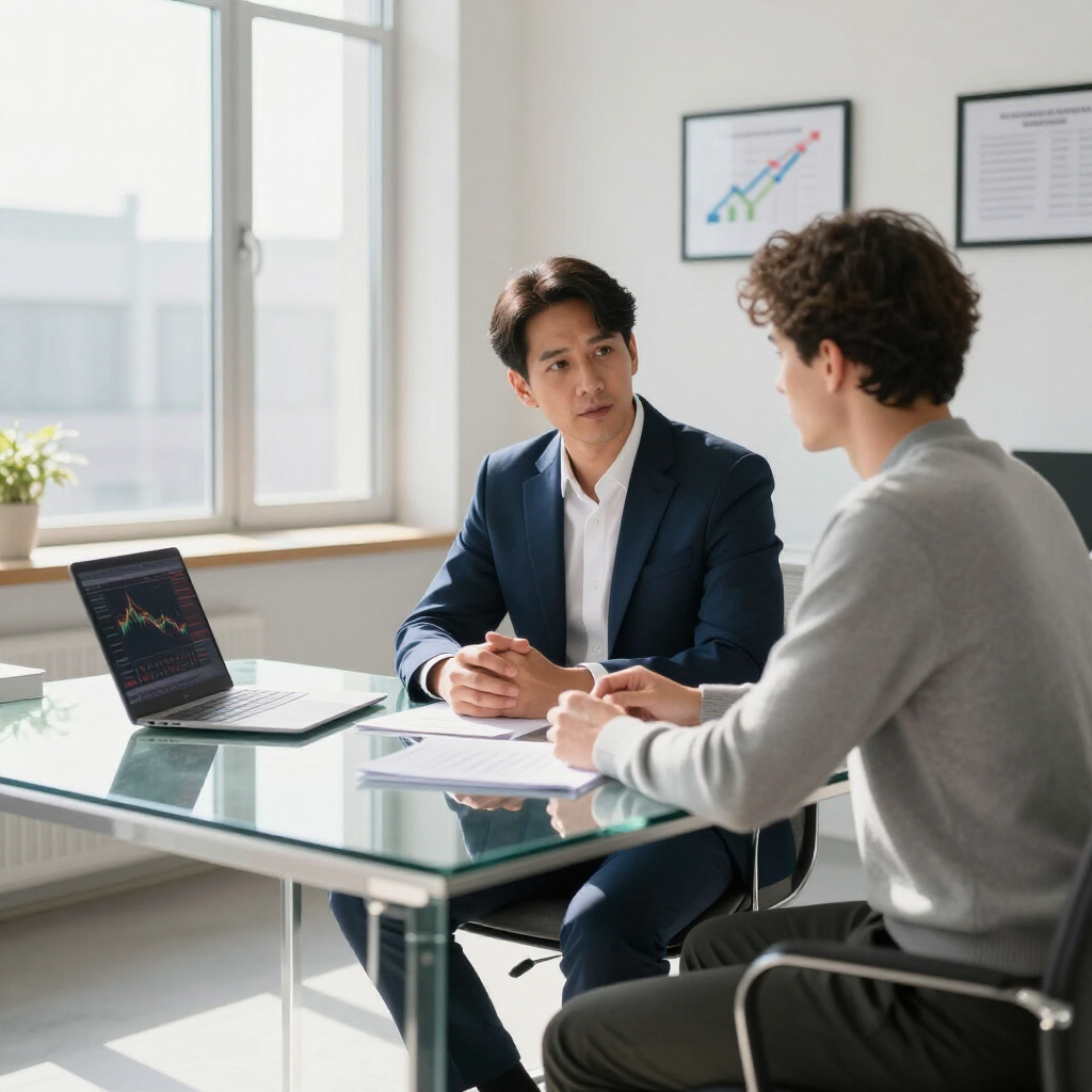 Two professionals sit at a glass desk reviewing financial charts on a laptop in a bright, modern office.