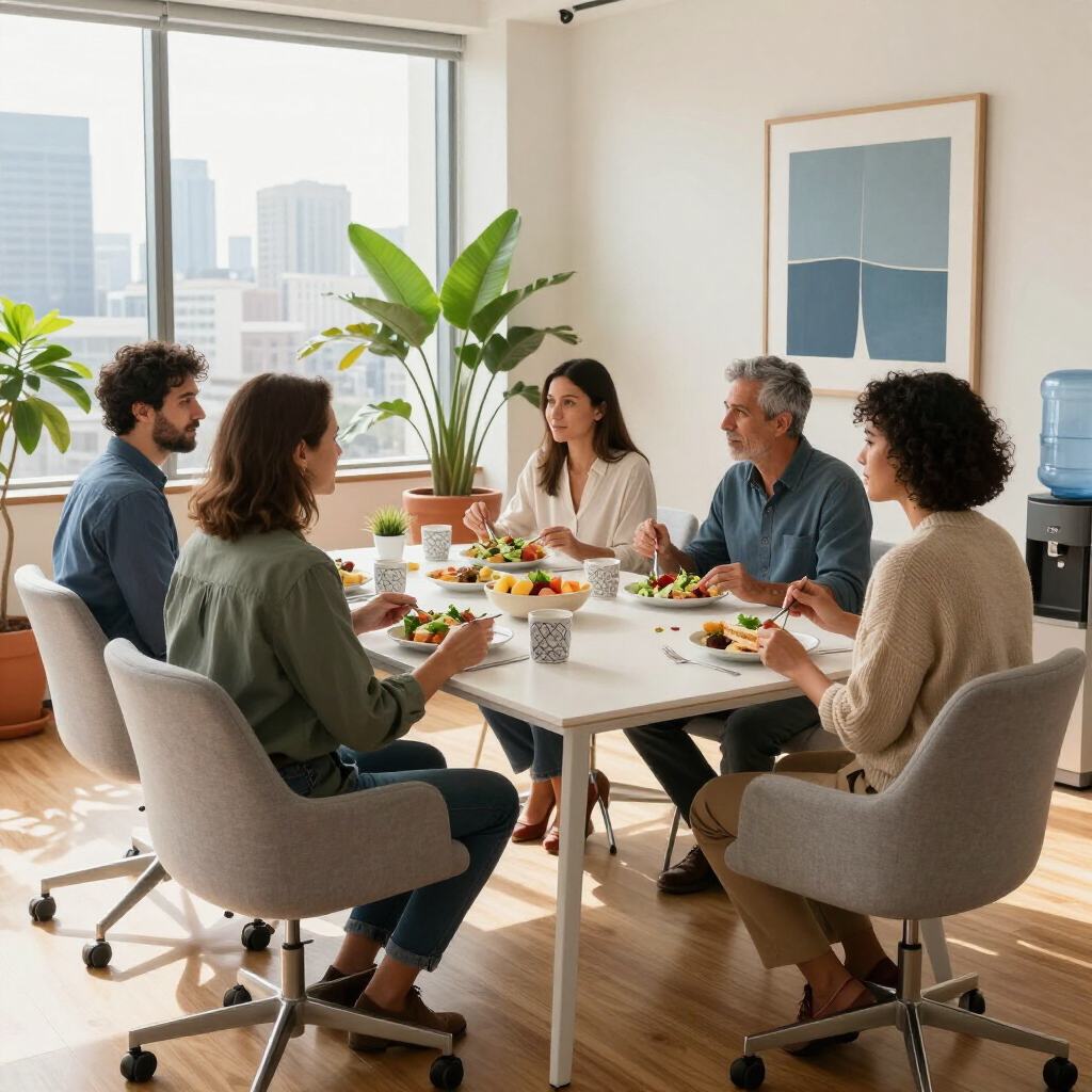 Five people sit around a table in a bright, modern office, eating lunch together and talking.