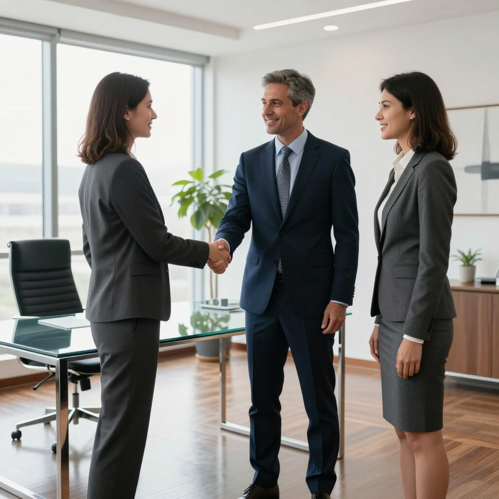 Three professionals in business suits shake hands in a bright, modern office with a glass desk and large window.