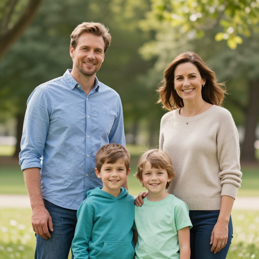 A family of four stands together in a park, smiling at the camera on a sunny day.