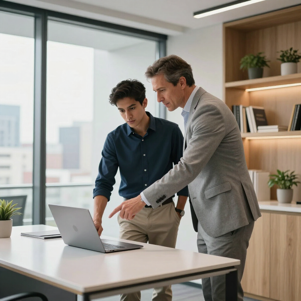 A professional in a suit points to a laptop screen while conferring with a colleague in a bright, modern office.