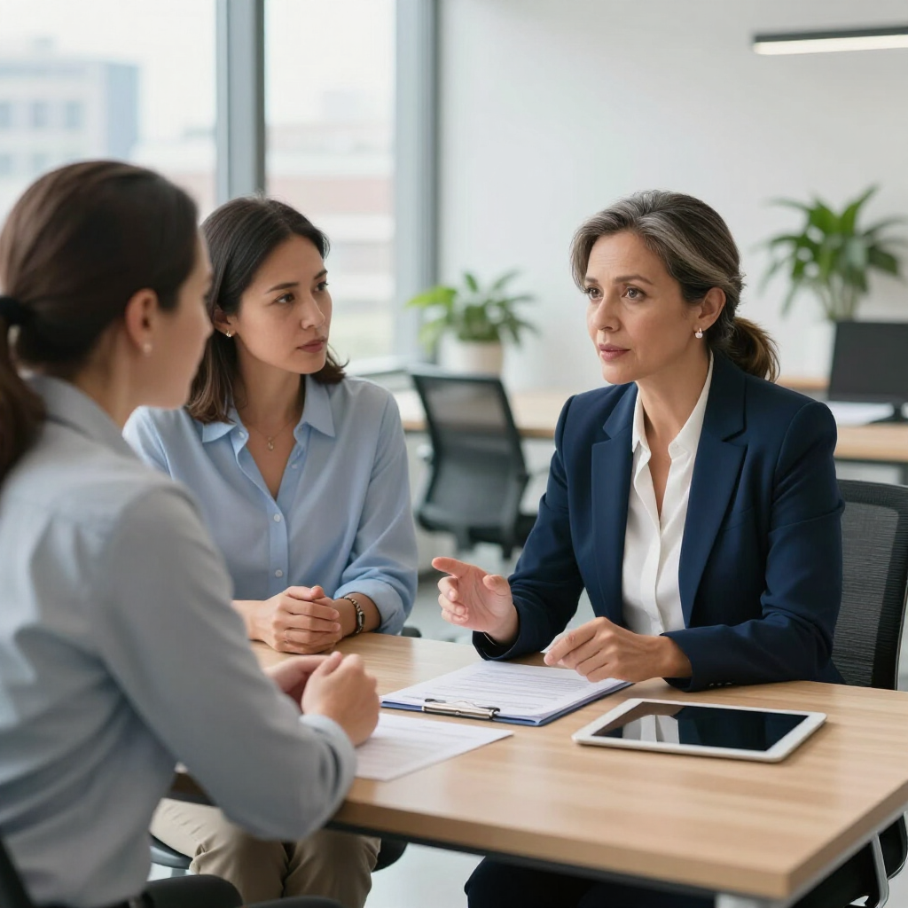 Three professionals in an office discuss documents and a tablet during a collaborative meeting.
