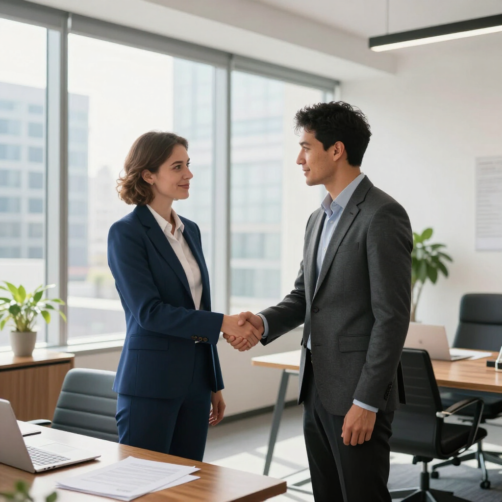 Two professionals in business suits shake hands in a bright, modern office with floor-to-ceiling windows.