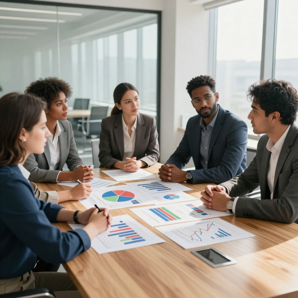A diverse team in business attire sits around a wooden conference table reviewing various colorful charts and graphs.