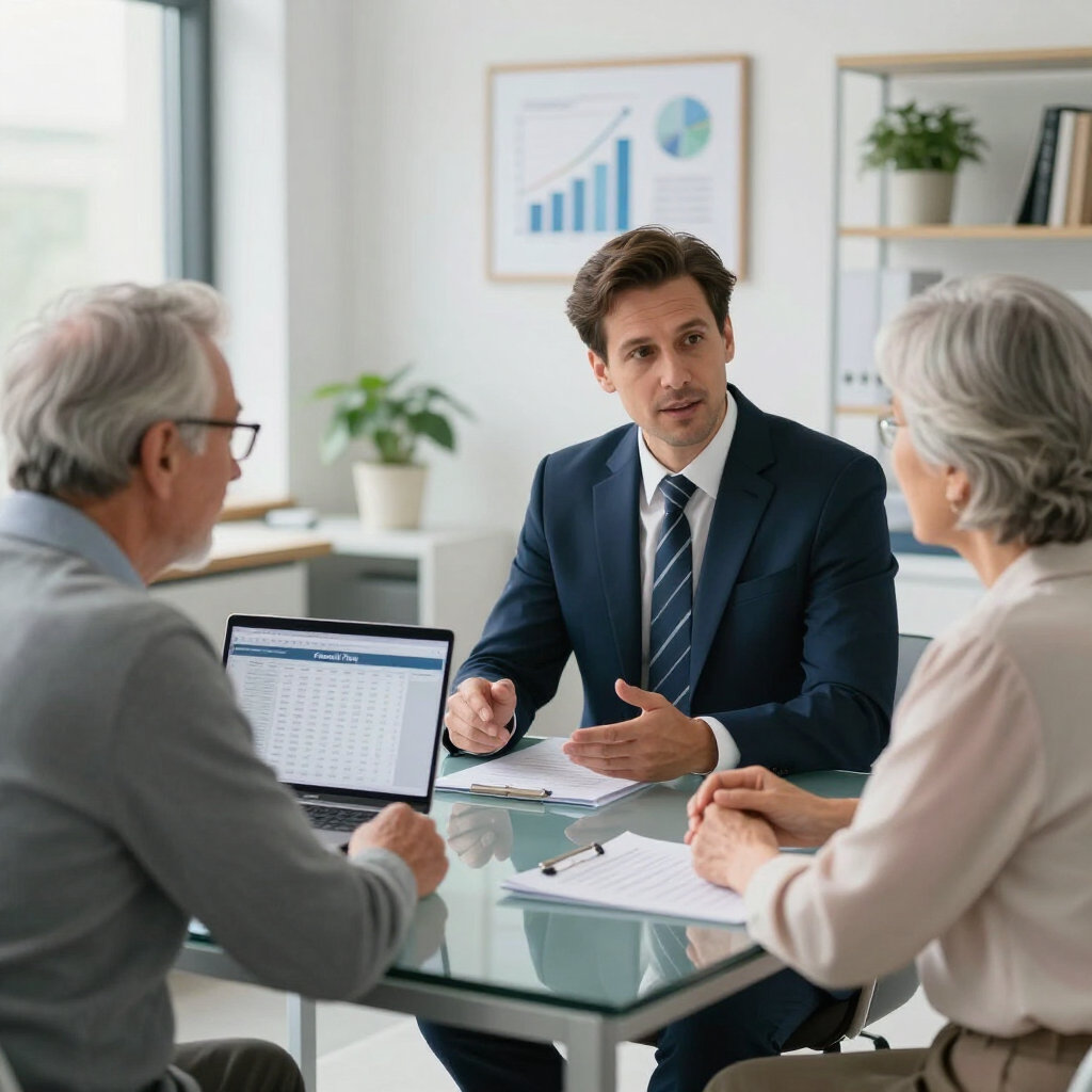 A professional in a suit discusses data on a laptop and documents with two clients in a bright office meeting room.