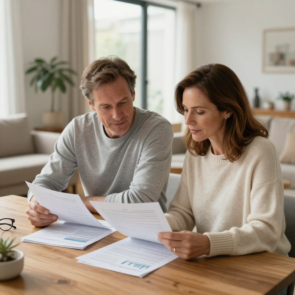 Two adults sitting at a wooden table in a bright, modern living room, reviewing financial documents with bar charts.