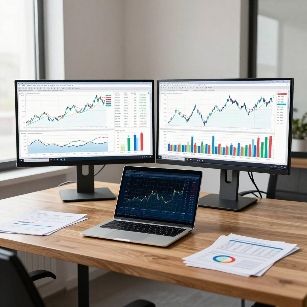 A workstation with two monitors and a laptop displaying financial stock market charts and data on a wooden desk.