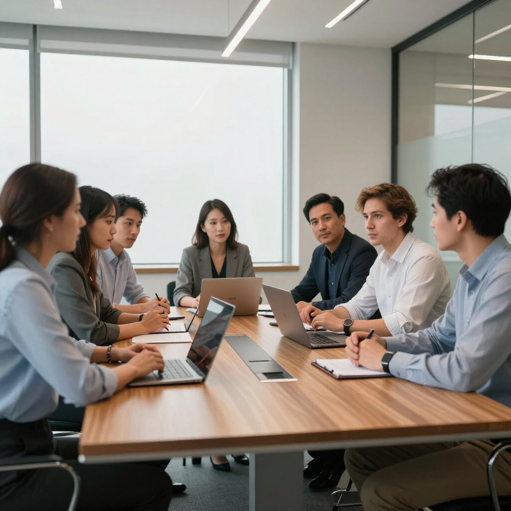 A professional group collaborating around a long wooden conference table in a modern, well-lit office.
