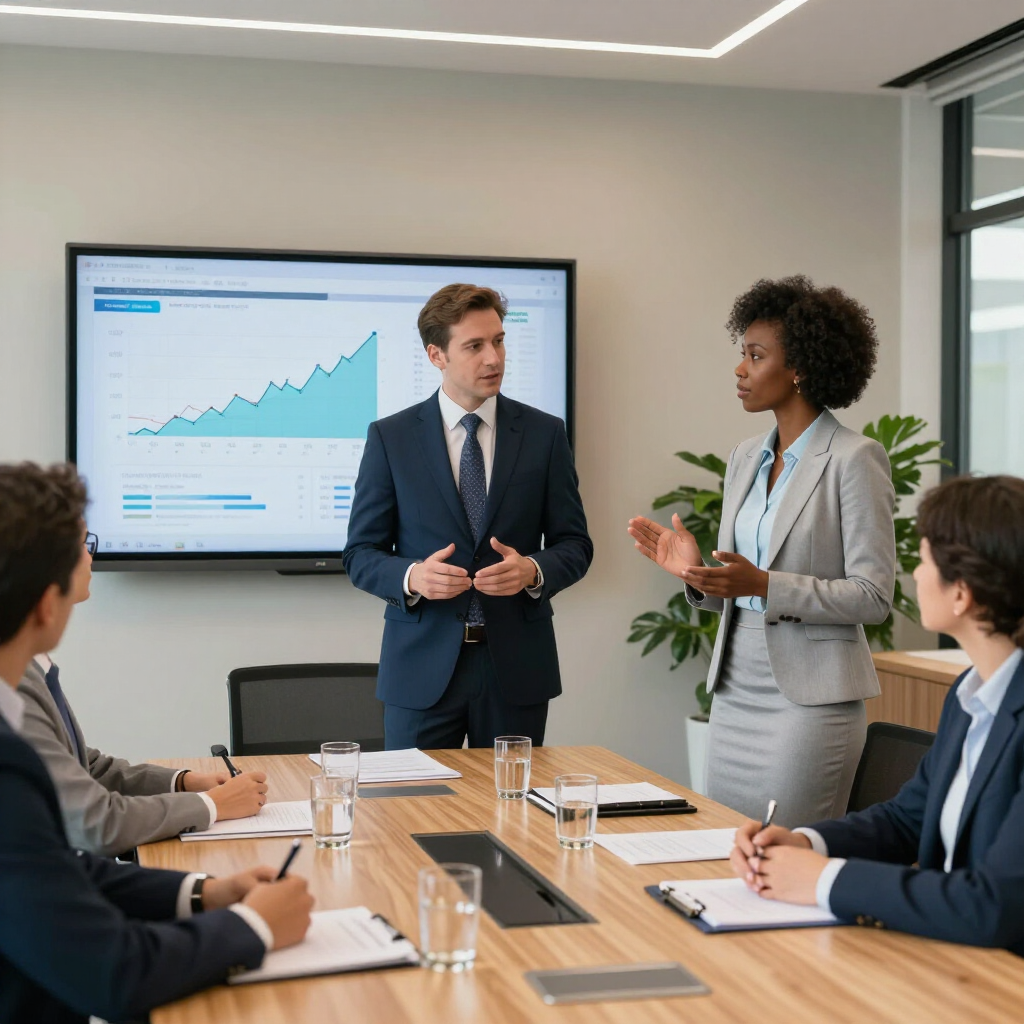 Business colleagues in a conference room discuss data on a wall-mounted screen showing an upward trend graph.