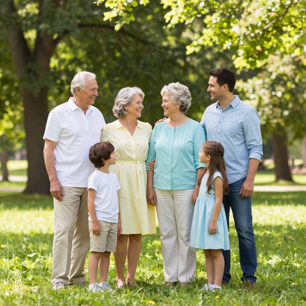 A group of six people standing in a line in a grassy park, smiling at one another in a relaxed, sunny outdoor setting.