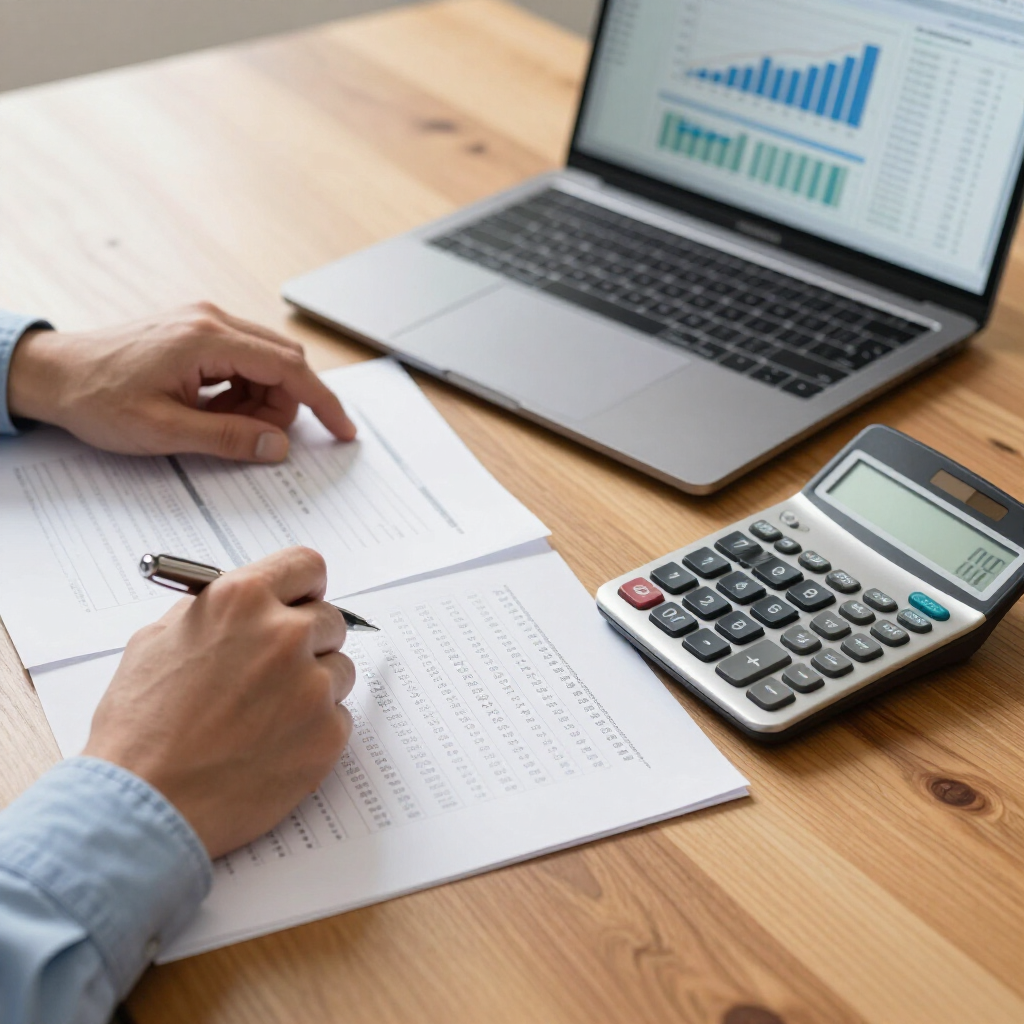 A person writing in a notebook on a wooden desk next to a laptop displaying financial charts and a calculator.