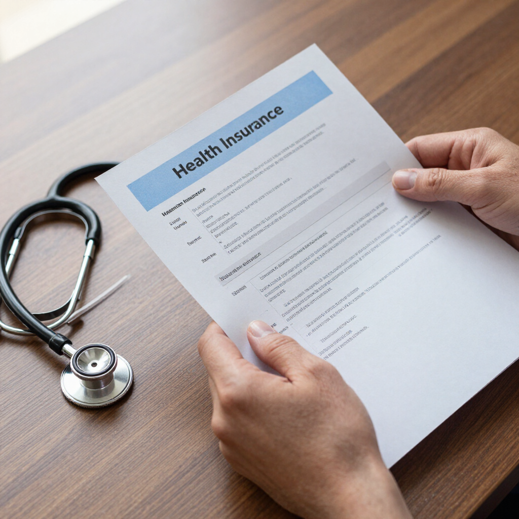 Hands hold a health insurance document on a desk next to a stethoscope.