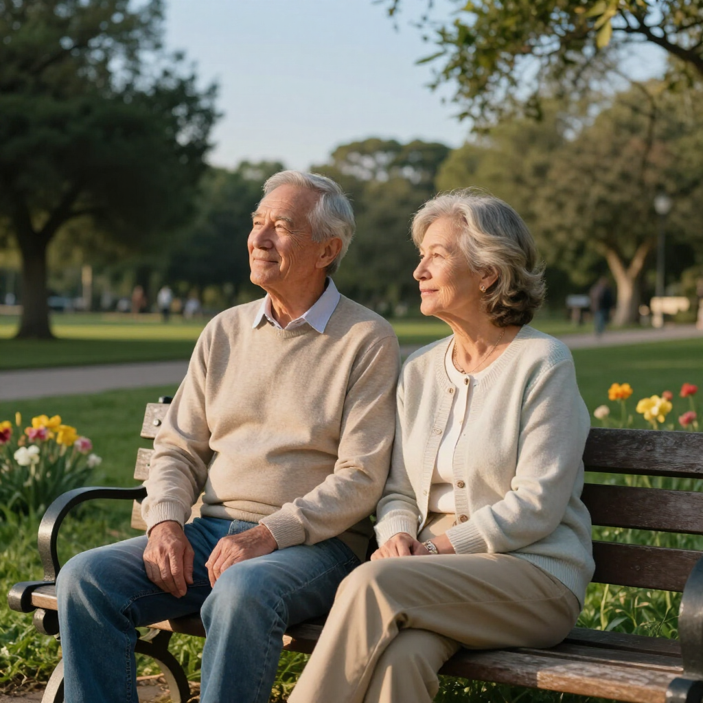 Two people sit together on a wooden park bench, gazing forward in a sunlit, grassy park with blooming flowers.