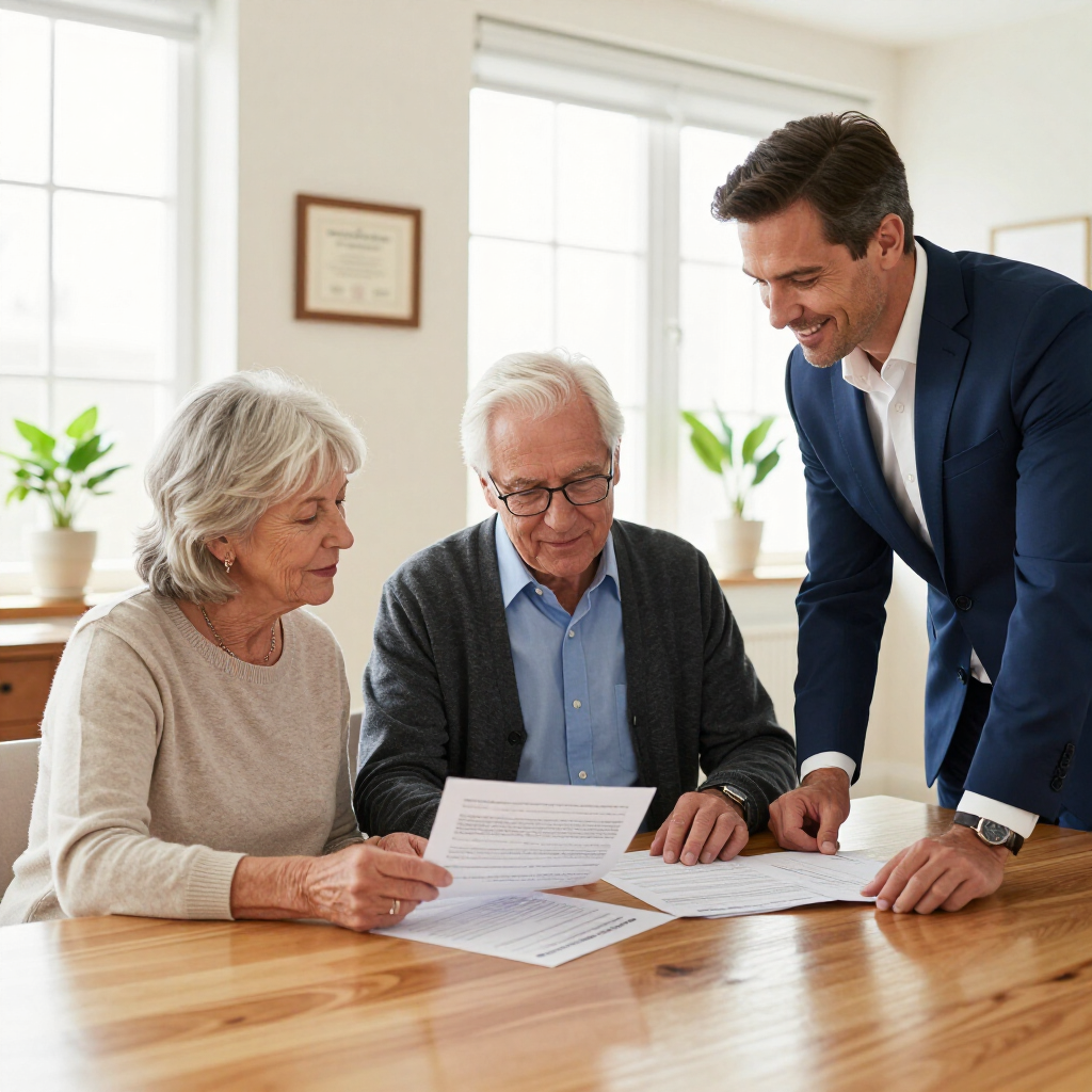 A professional in a suit reviews documents with two people seated at a wooden table in a bright, modern office.
