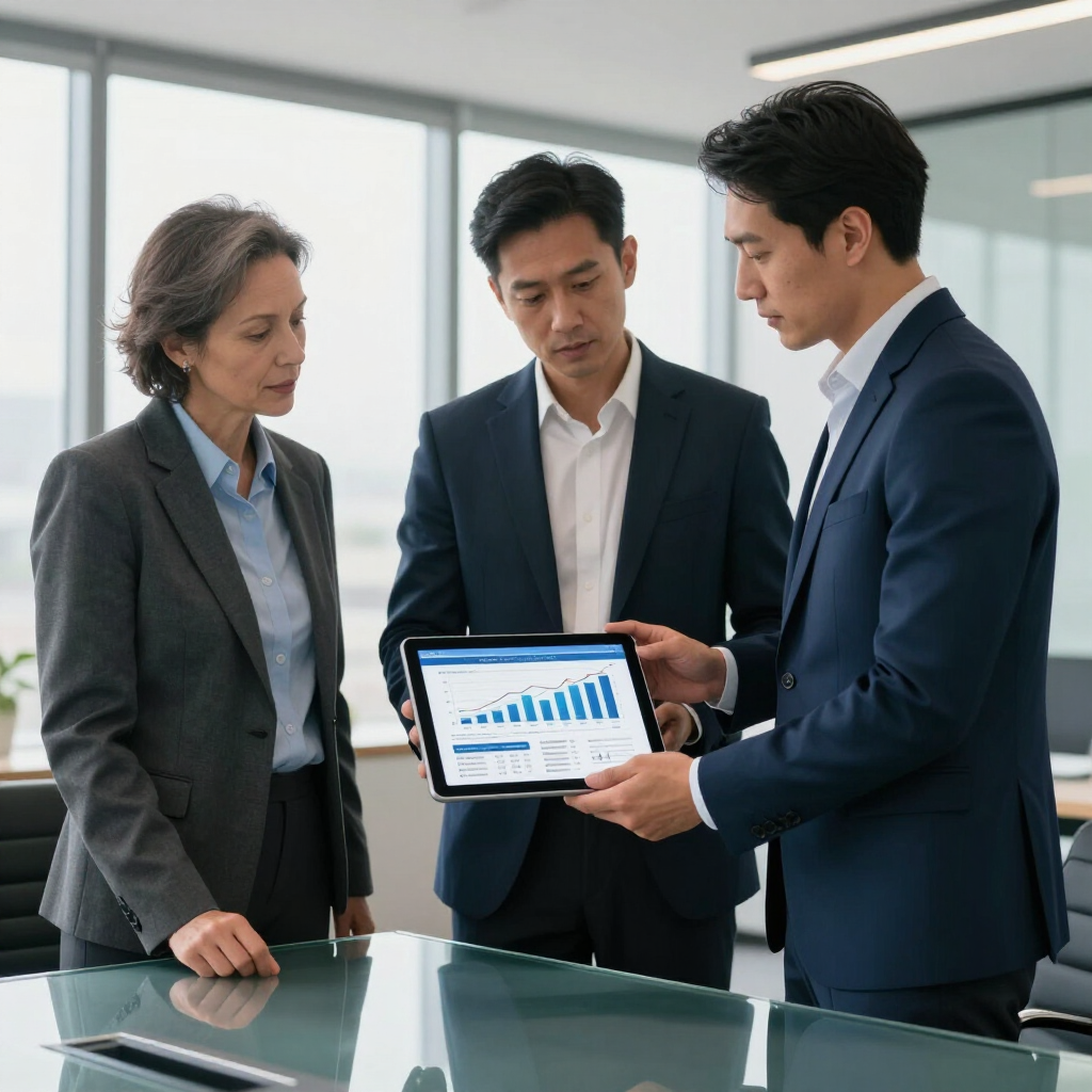 Three professionals in business attire looking at a bar chart on a tablet screen in an office.