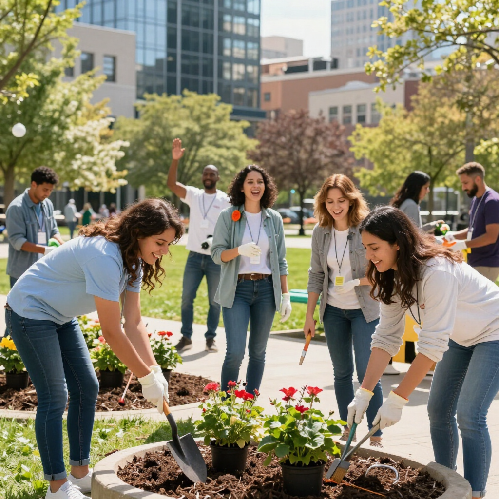 A diverse group of volunteers in an urban park, wearing gloves and planting flowers in a circular garden bed.