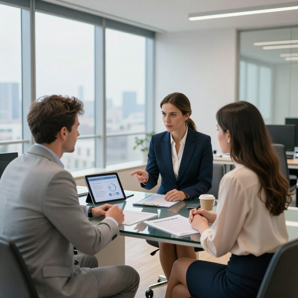 Three professionals in business attire discuss data on a tablet during a meeting in a modern, sunlit office.