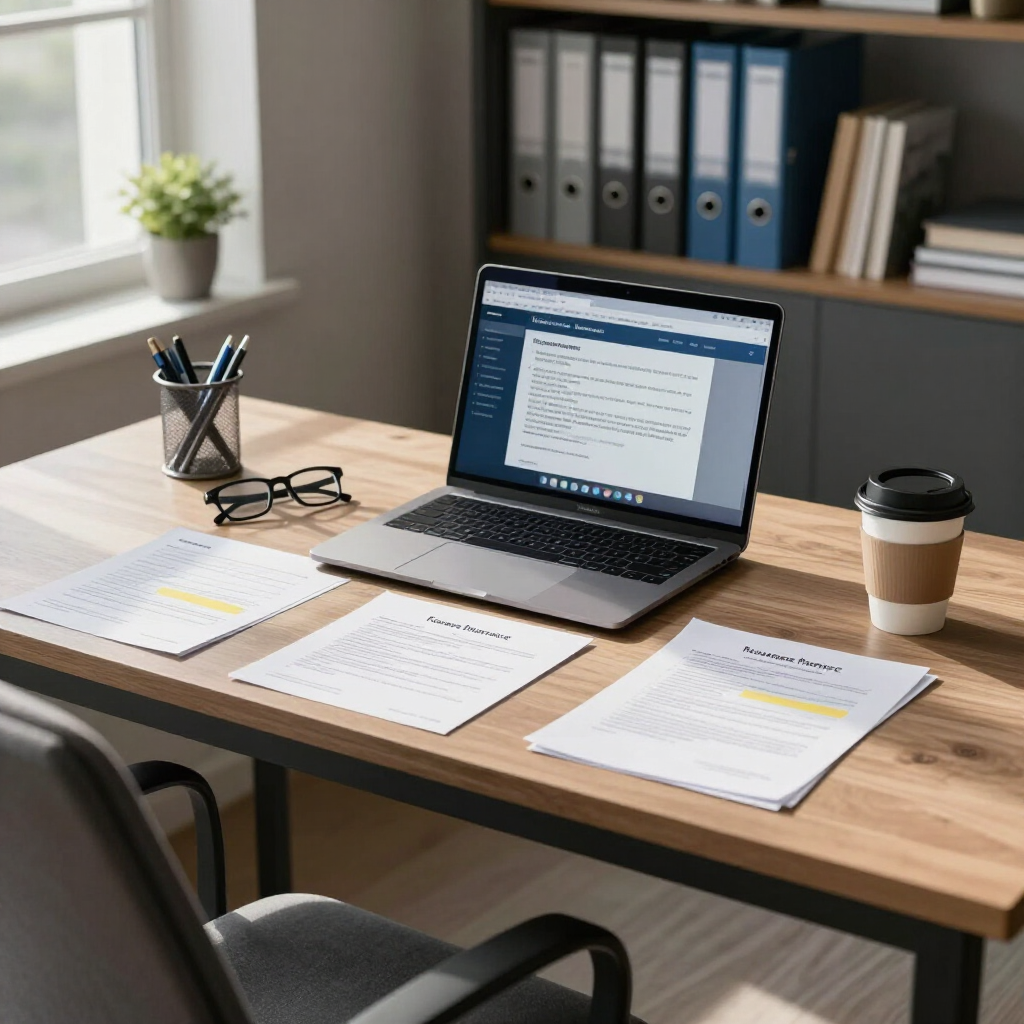 A clean workspace with a laptop displaying text, documents, a pen holder, glasses, and a coffee cup on a wooden desk.