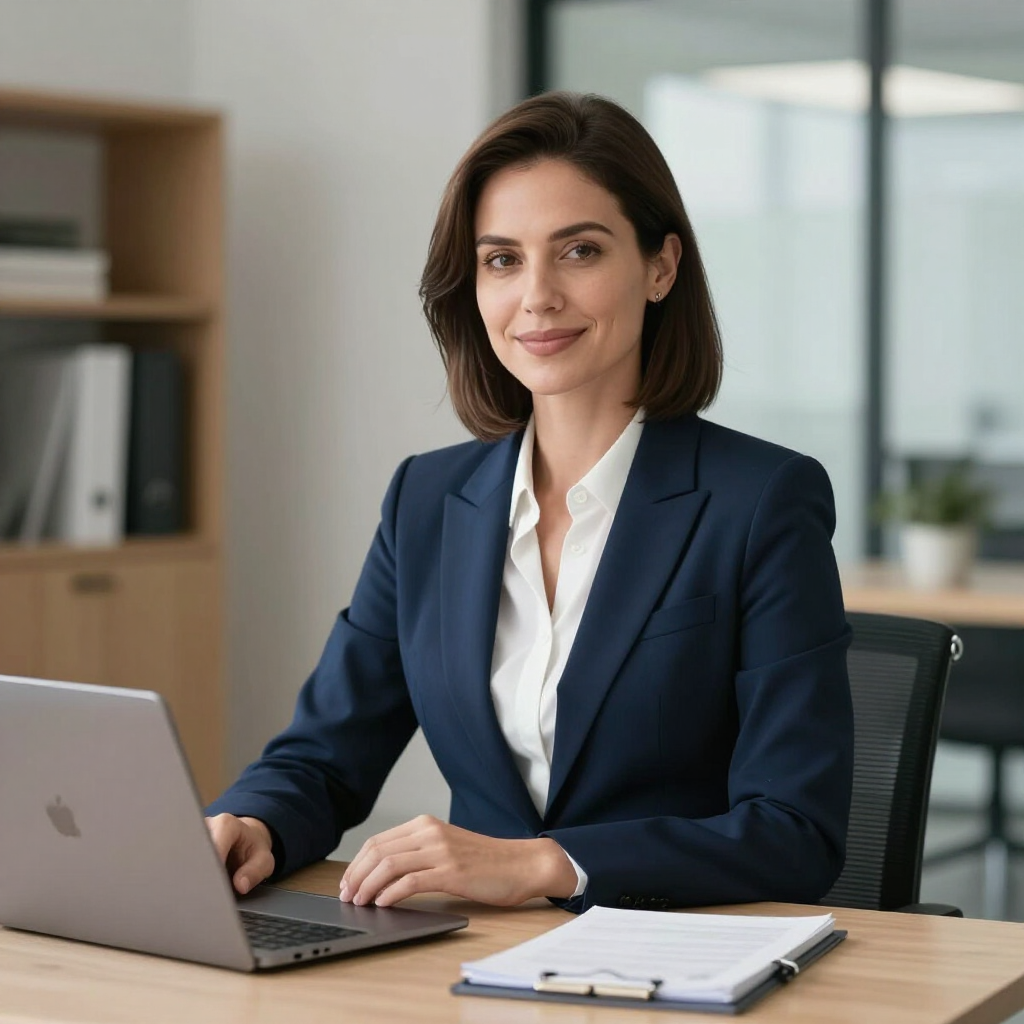 A professional in a navy blazer sits at a desk with a laptop and documents in an office setting.