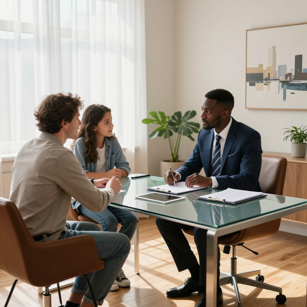 A professional consults with two people across a glass desk in a sunlit office.