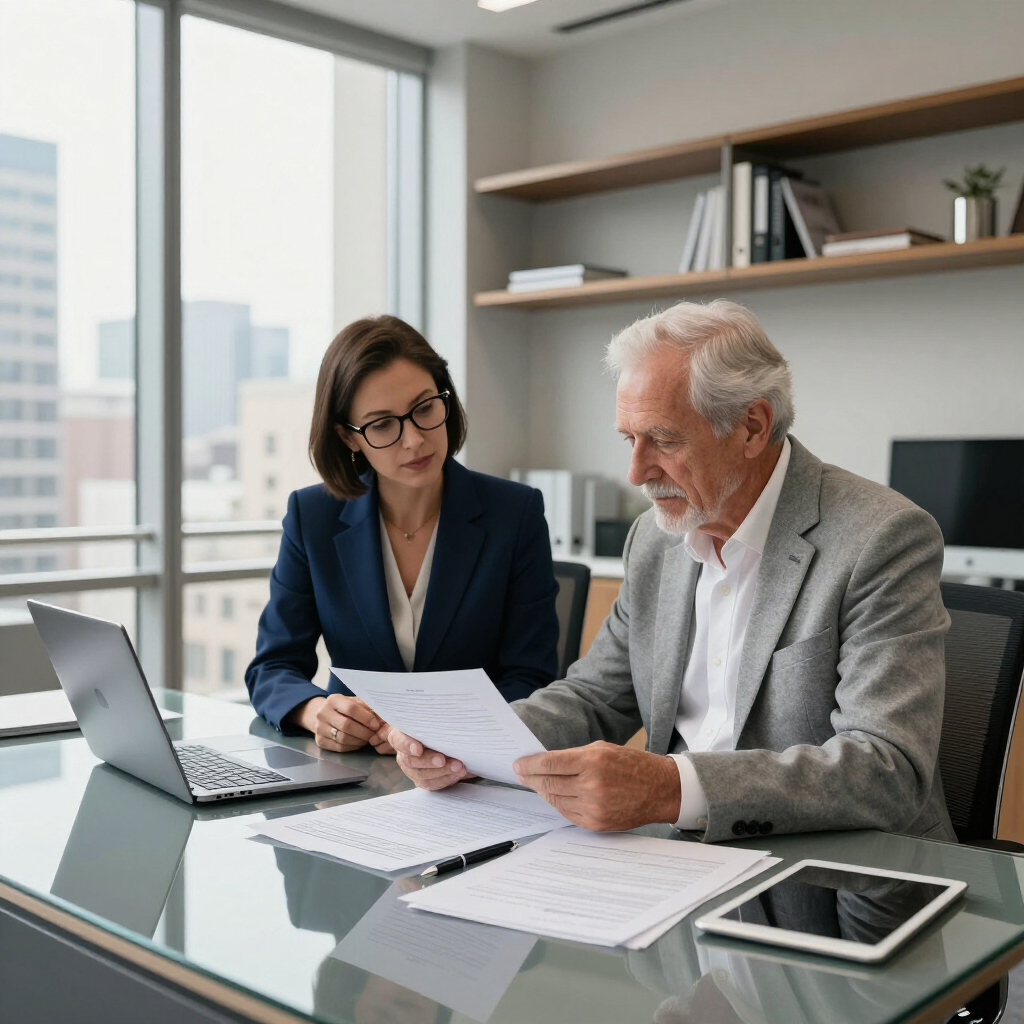 Two professionals in a modern office, sitting at a glass desk reviewing documents together.