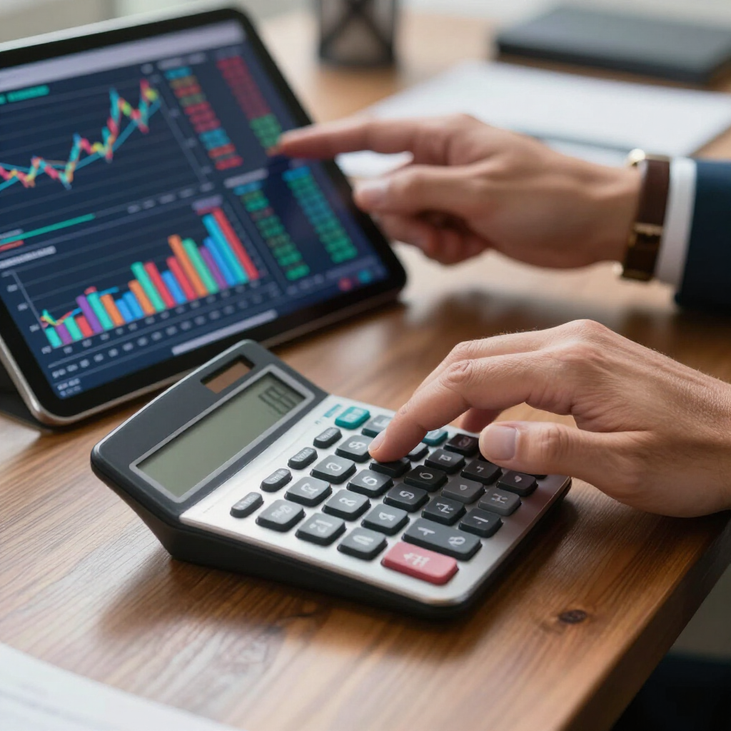 Hands calculate figures on a desk with a tablet displaying stock market charts and data in the background.