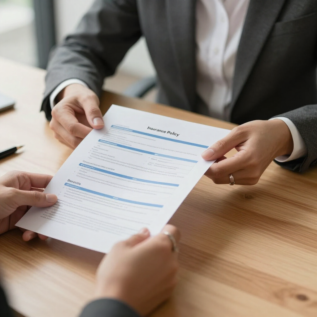 Two people in professional attire exchange a document across a wooden desk.