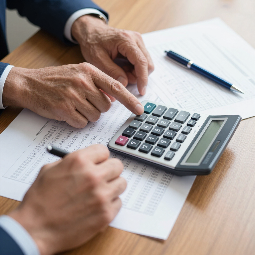 A person in a suit uses a calculator on a desk next to paperwork and a blue pen.
