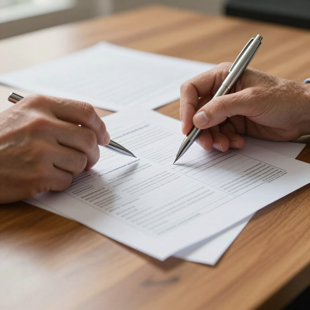 Two people using silver pens to review and sign documents on a wooden desk.