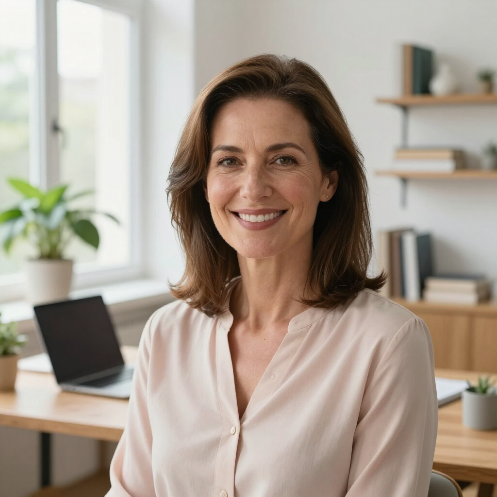 A smiling person in a light pink blouse sits at a wooden desk in a bright, modern office with a window and plants.