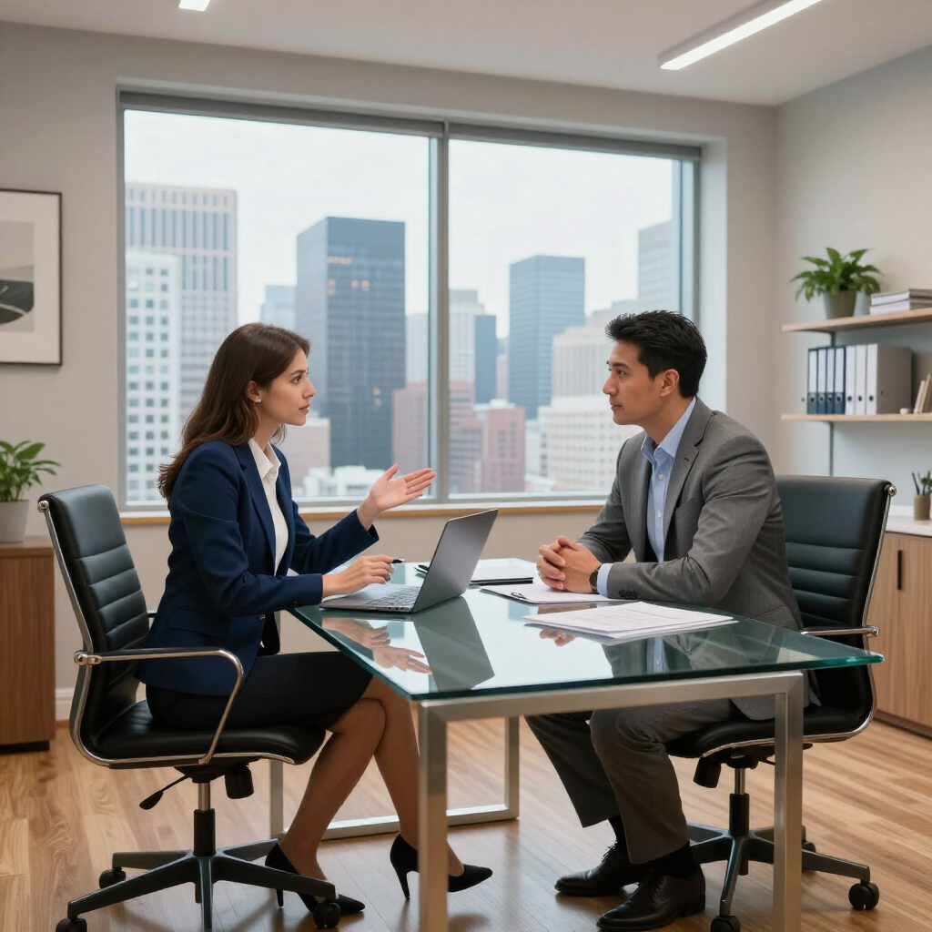A professional in a suit gestures while talking to a colleague across a glass desk in a bright office with city views.