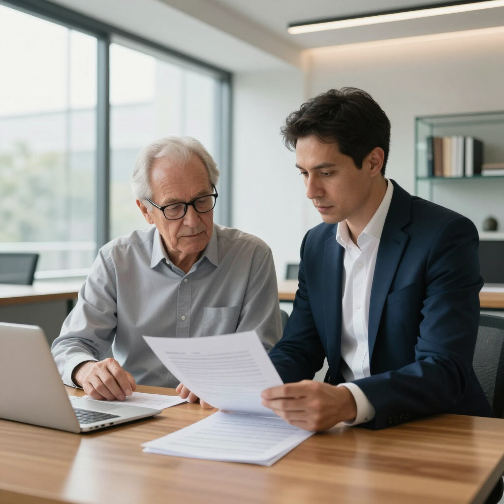 Two professionals in a bright office reviewing documents together at a wooden desk with a laptop.