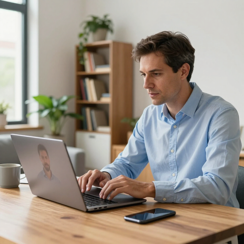 A person in a light blue shirt works on a laptop at a wooden desk with a shelf and houseplant in the background.