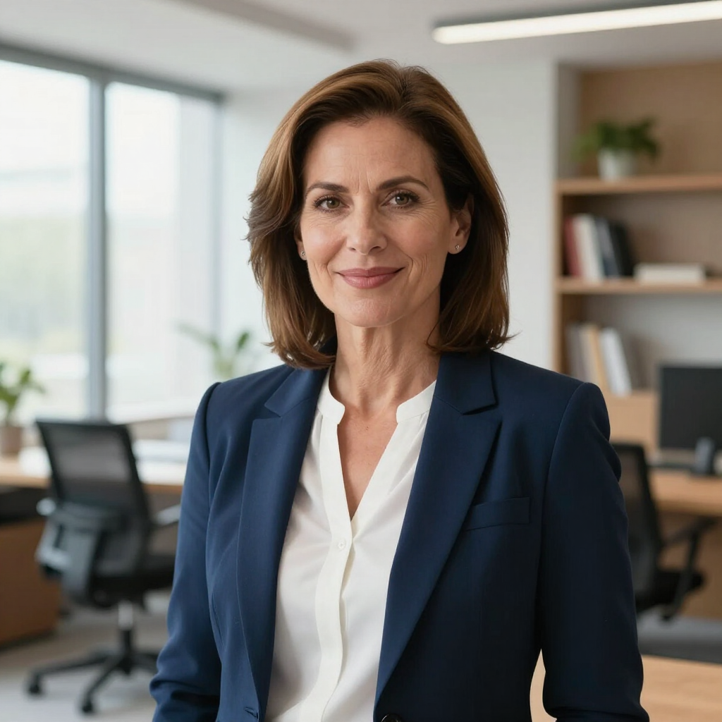 A professional person in a navy blazer and white top smiling in an office with desks and shelving in the background.