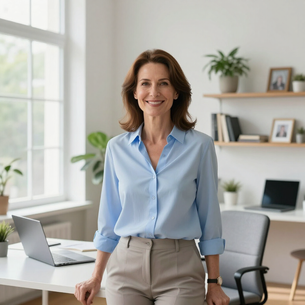 A smiling professional in a light blue shirt stands in a bright home office, hands resting on a white desk with a laptop.